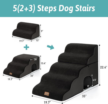 COZY KISS Extra Wide Dog Stairs with Tunnel, Foam Detachable Large Dog Step for Small Pet, Puppy or Cats, Medium Pet Ramp for High Bed, Couch, Sofa or Car, 19.7x33x22.4 inch, 5 Step, Beige