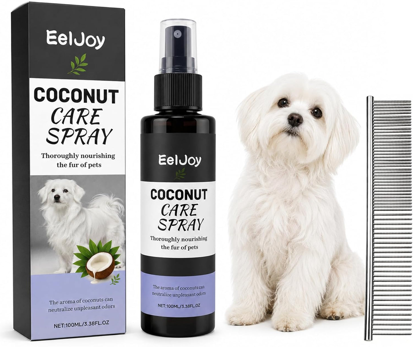 Coconut Care Spray for Pets, Nourishing Fur Oil with Comb, Moisturizing & Detangling Spray for Dogs & Cats, Natural Coconut Oil for Dry Skin & Shiny Coat, 100ml/3.38 fl oz