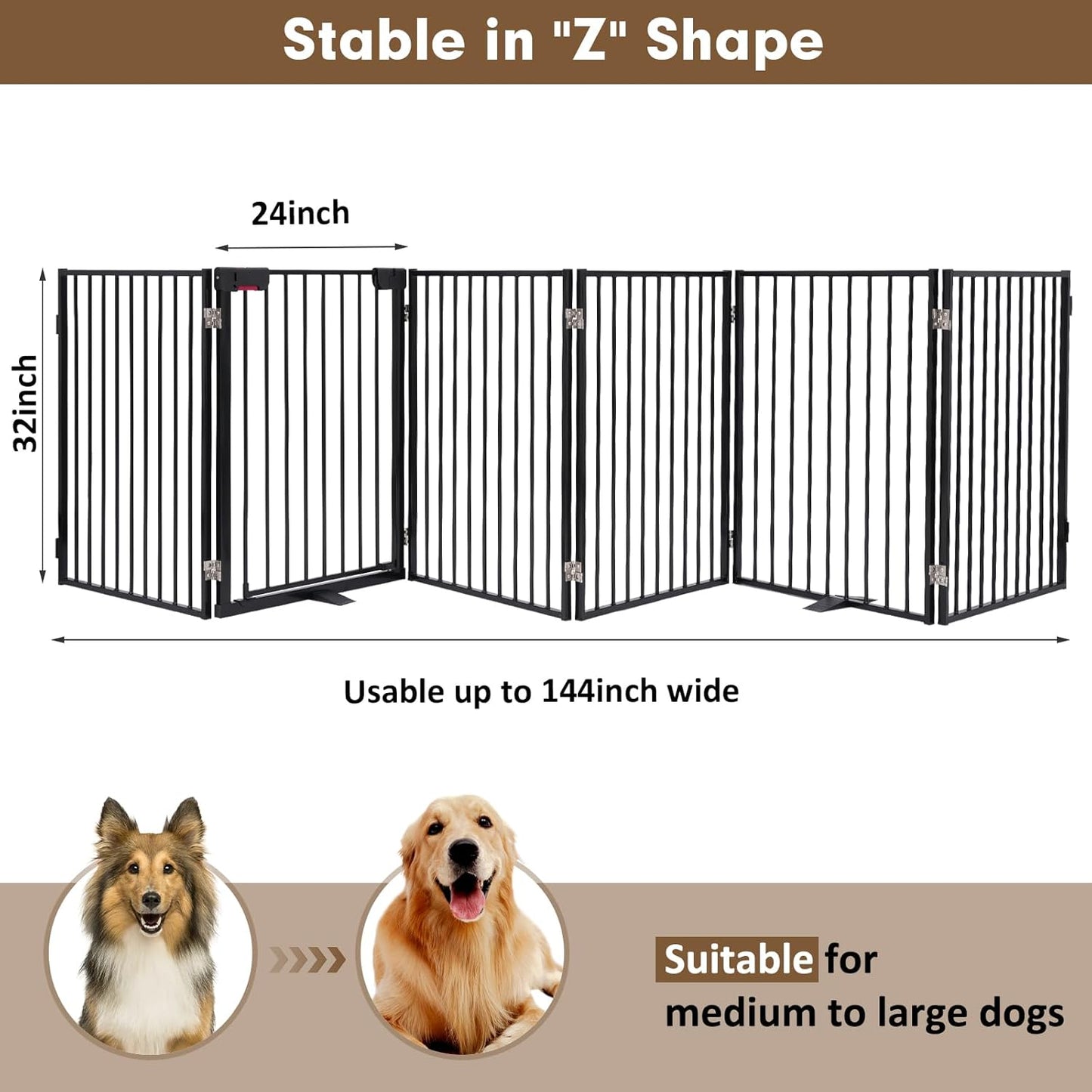 Metal Freestanding Dog Gates,Extra Wide 24", 32" Height Foldable Dog Fence for Indoor & Outdoor, Heavy Duty Freestanding Pet Barrier for Stairs, Doorways, Halls, Kitchen,Yard