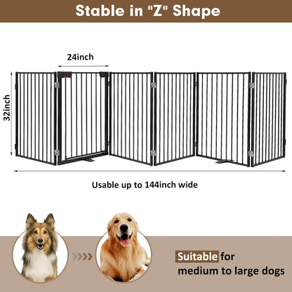 Metal Freestanding Dog Gates,Extra Wide 24", 32" Height Foldable Dog Fence for Indoor & Outdoor, Heavy Duty Freestanding Pet Barrier for Stairs, Doorways, Halls, Kitchen,Yard