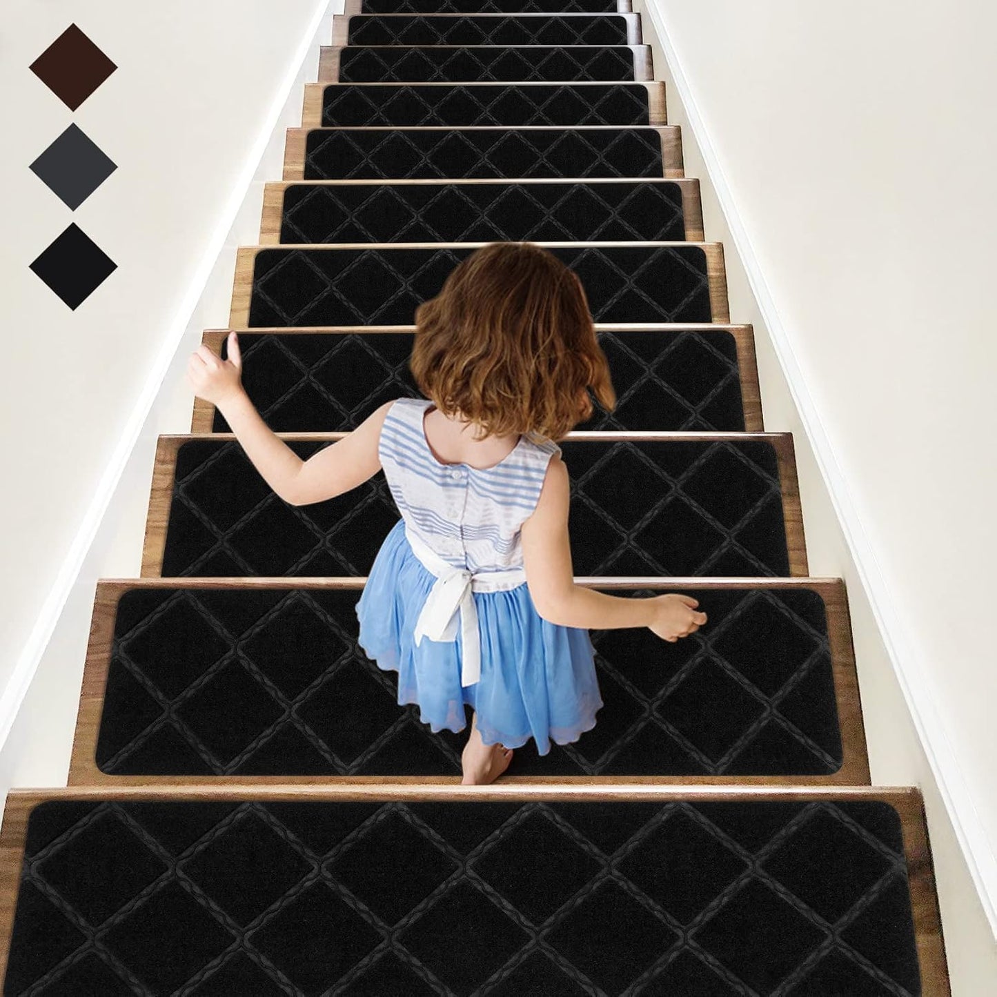 RIOLAND Stair Treads Carpet Non-Slip Indoor 15 PCS Wood Stair Treads Rugs Anti Moving Modern Stair Runners Safety for Kids Dogs, 8" X 30", Diamond Gray