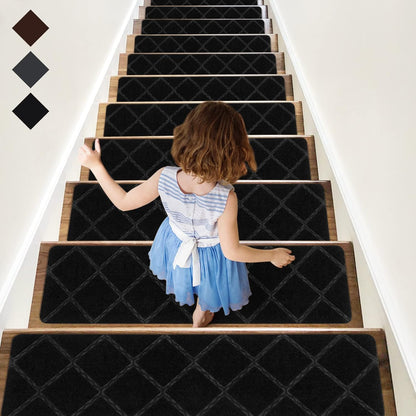 RIOLAND Stair Treads Carpet Non-Slip Indoor 15 PCS Wood Stair Treads Rugs Anti Moving Modern Stair Runners Safety for Kids Dogs, 8" X 30", Diamond Gray