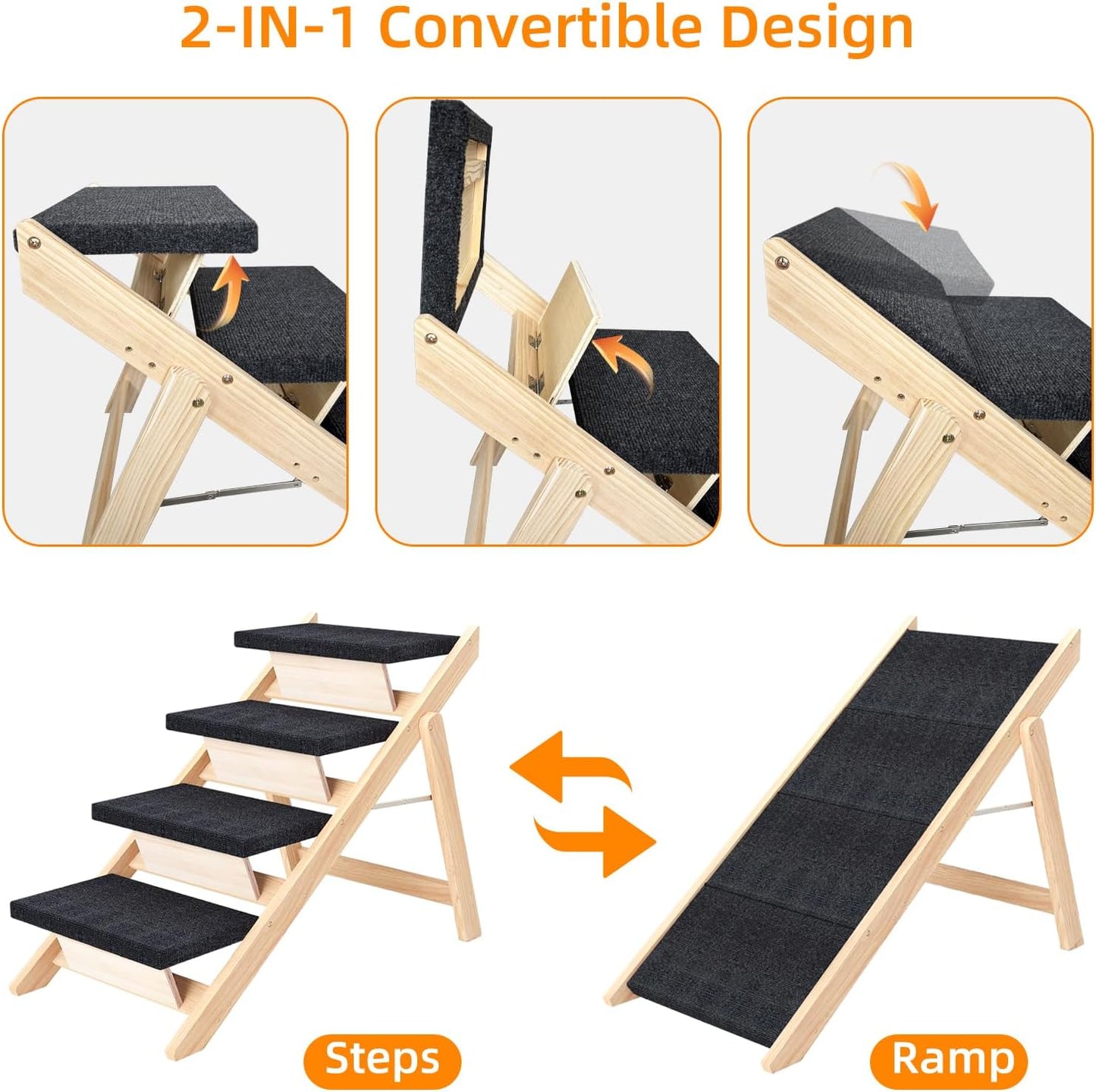 Dog Stairs/Ramp for Bed, Wooden 2-in-1 Foldable Pet Stairs & Ramp, Portable Dog Ladder Up to 180 Pound for Elderly/Short-Legged Dogs, 4 Steps for Beds, Couch, Cars