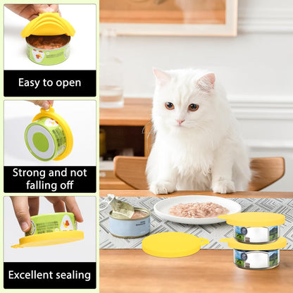 PINE & LINEN 4 Pcs 2.5inch Durable Pet Can Lids, Silicone Small Pet Can Covers Waterproof Cat Food Cans Lids for 3 oz Cat Food Cans（Yellow+Red+Pink+Blue）