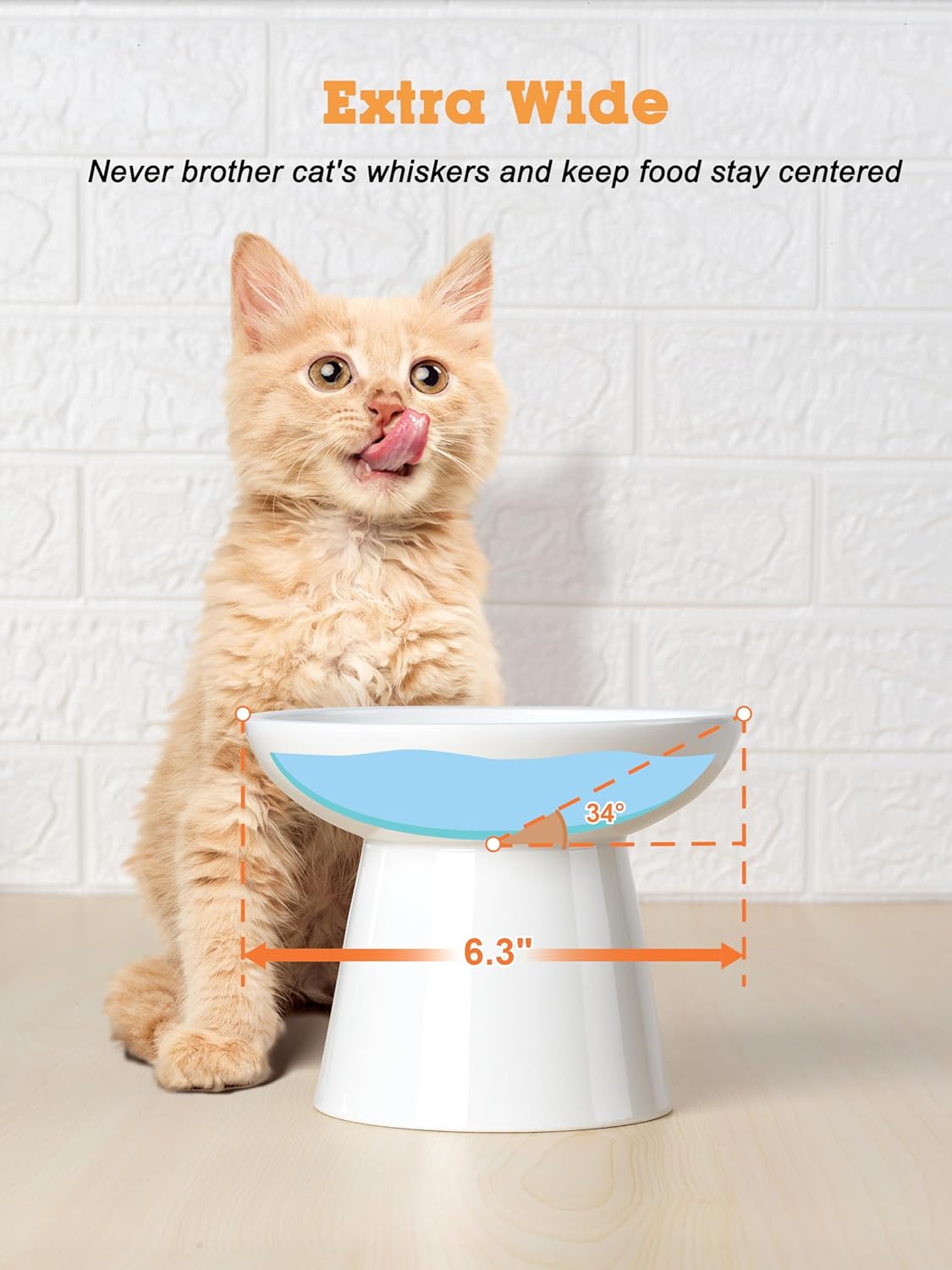 LoeJan Elevated Cat Food and Water Bowls Set, Extra Wide and Raised Ceramic Bowls, Anti-Vomit Whisker-Free Pressure Cat Feeder for Kittens to Adult Cats and Small Dogs (White, Water Bowl)