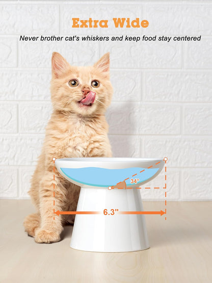 LoeJan Elevated Cat Food and Water Bowls Set, Extra Wide and Raised Ceramic Bowls, Anti-Vomit Whisker-Free Pressure Cat Feeder for Kittens to Adult Cats and Small Dogs (White, Water Bowl)