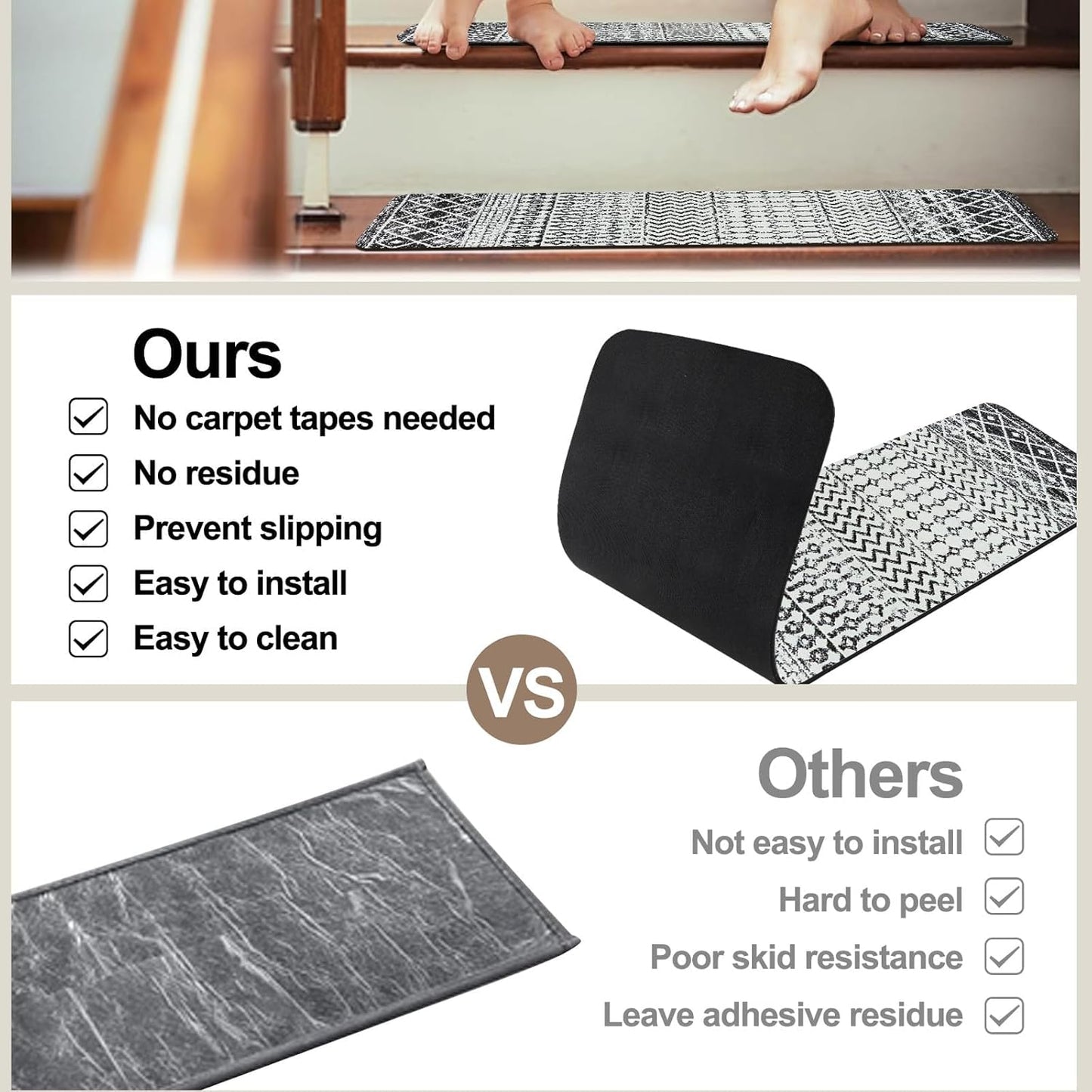 OJIA Boho Stair Treads Non-Slip Stair Runners for Wooden Steps Indoor 15PCS 30"x8" Washable Carpet Stair Treads Stair Mats Staircase Step Treads for Kids, Elders and Dogs, Stair Covers, Black
