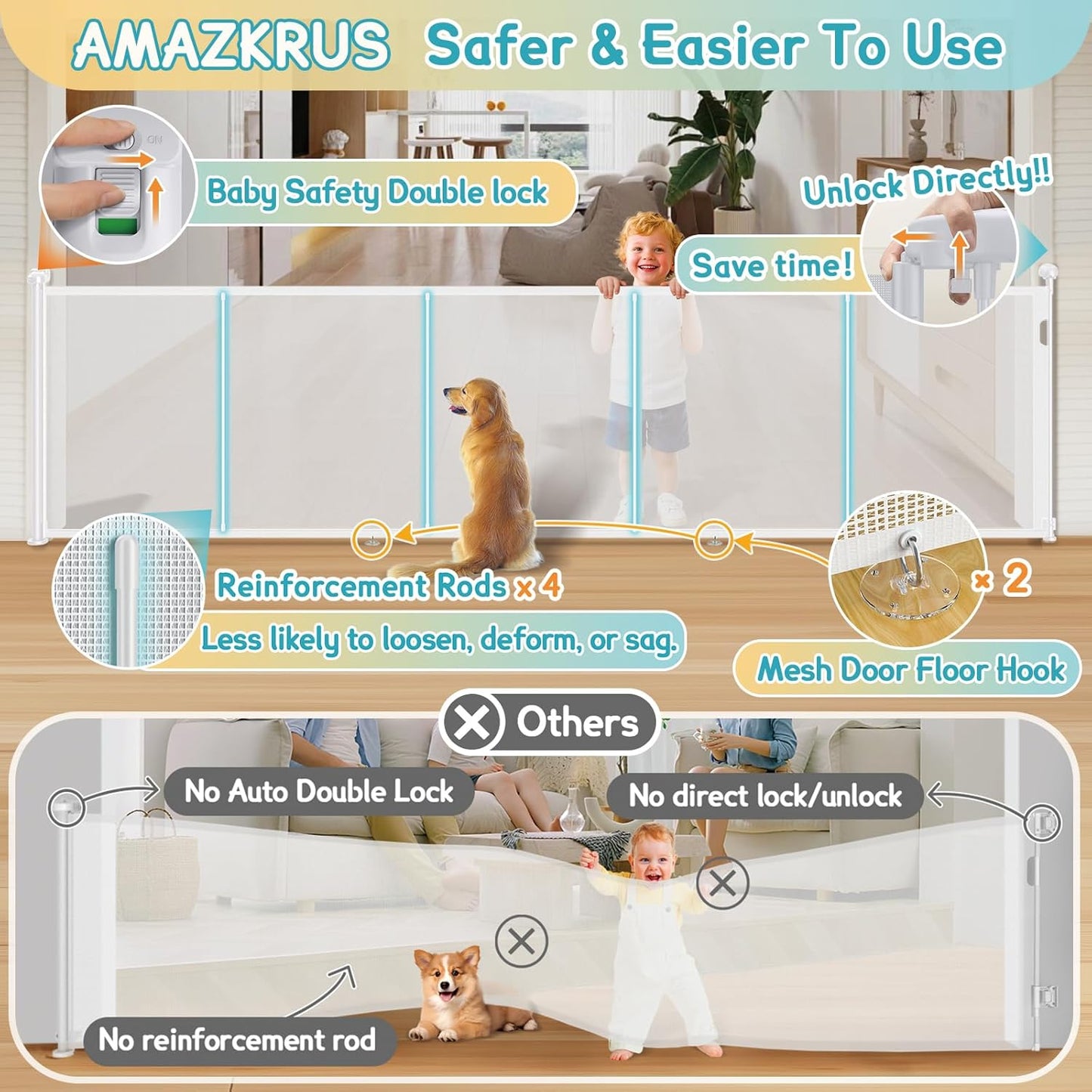 160 Inch Retractable Baby Gates Extra Wide, 42 Inch Extra Tall Retractable Gate, 13 FT Reinforced Retractable Dog Gate with Reinforcement Rod to Prevent Crawling Through, for Doorways, Stairs, Hallway