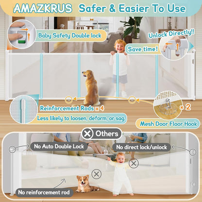 160 Inch Retractable Baby Gates Extra Wide, 42 Inch Extra Tall Retractable Gate, 13 FT Reinforced Retractable Dog Gate with Reinforcement Rod to Prevent Crawling Through, for Doorways, Stairs, Hallway