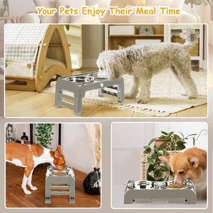 Elevated Raised Dog Bowl Stand with 2 Stainless Steel Bowls, Adjustable Height for Medium Large Dogs, 12.36" - 3.7" Foldable Feeder, Grey