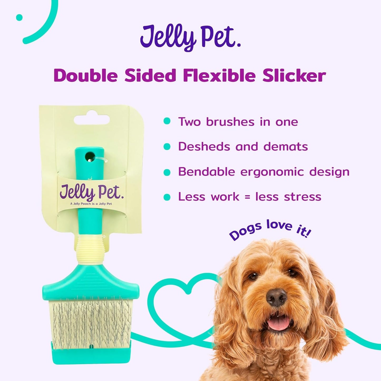 Jelly Pet Double Sided Dog Slicker Brush, Longer Pins, Flexible Head, Fine/Coarse Sides, Removes Unwanted Tangles, Medium, Pink