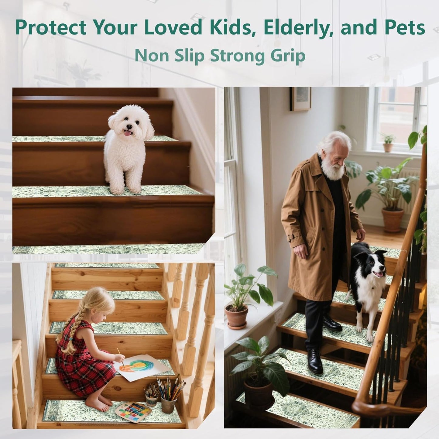 Stair Treads for Wooden Steps, Non Slip Stair Treads Carpet Indoor Residue Free Peel and Stick Washable Stair Covers, Safe for Dogs Kids Elders, Moroccan Beige, 8x30 inch, 4 Pack