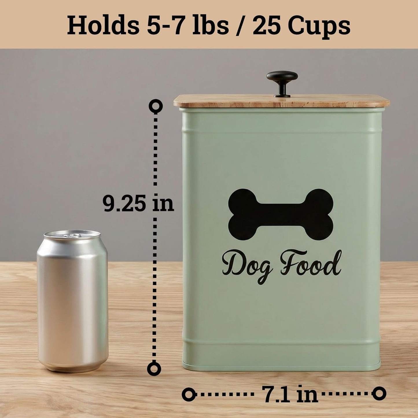 Dog Food Container Airtight 5-7 lb (25 Cup) Capacity - Cute Airtight Dog Food Storage Container with Bamboo Lid & Sturdy Metal Handle - White Metal Kibble Storage Bin for Dogs up to 50 lbs - Pet Jar
