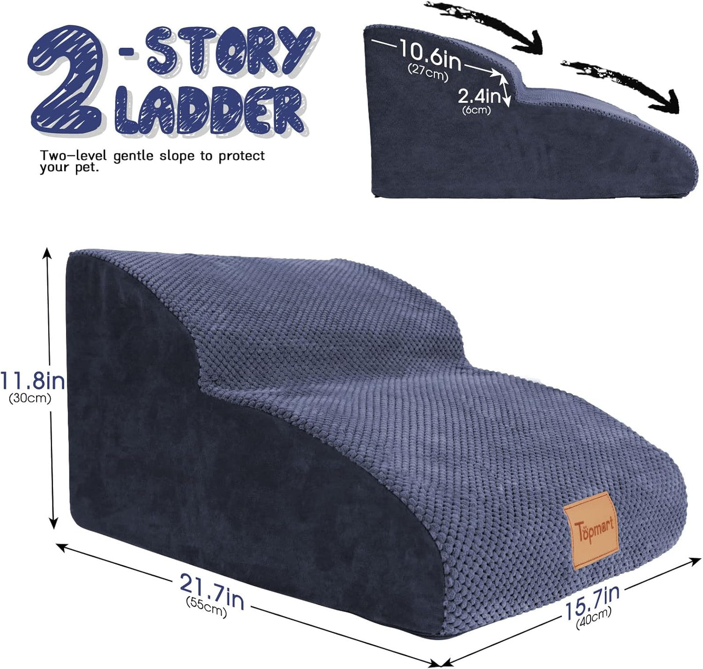 Topmart High Density Extended Foam Dog Ramp&Steps 2 Tiers,11.8" High,Non-Slip Dog Stairs,Soft Foam Pet Ladder with Removable Cover,Best for Injured,Older Cats,Pets with Joint Pain