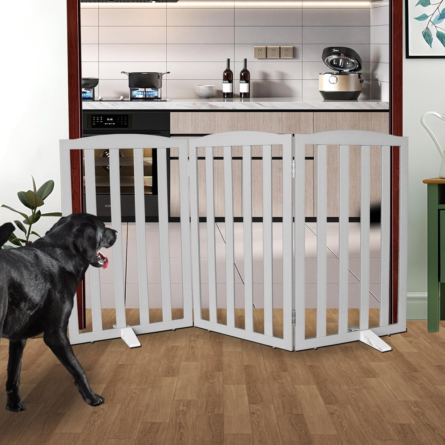 Freestanding Dog Gate Indoor,Doggie Gate Foldable Pet Gates for Doorways,Stairs or Hallways, Wooden Brown Pet Gate for the House, Pet Fence with Support Feet Included,24 "Height-3 Panels