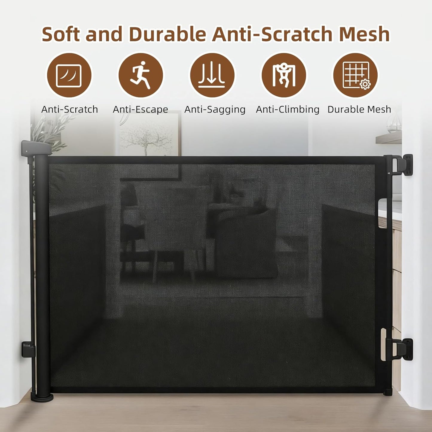 Retractable Baby Gate, 55 in Wide x 33 in Tall Mesh Dog Gate, Hardware Mounted Safety Gate with Double Lock for Doorways, Hallways, Indoor Outdoor, White