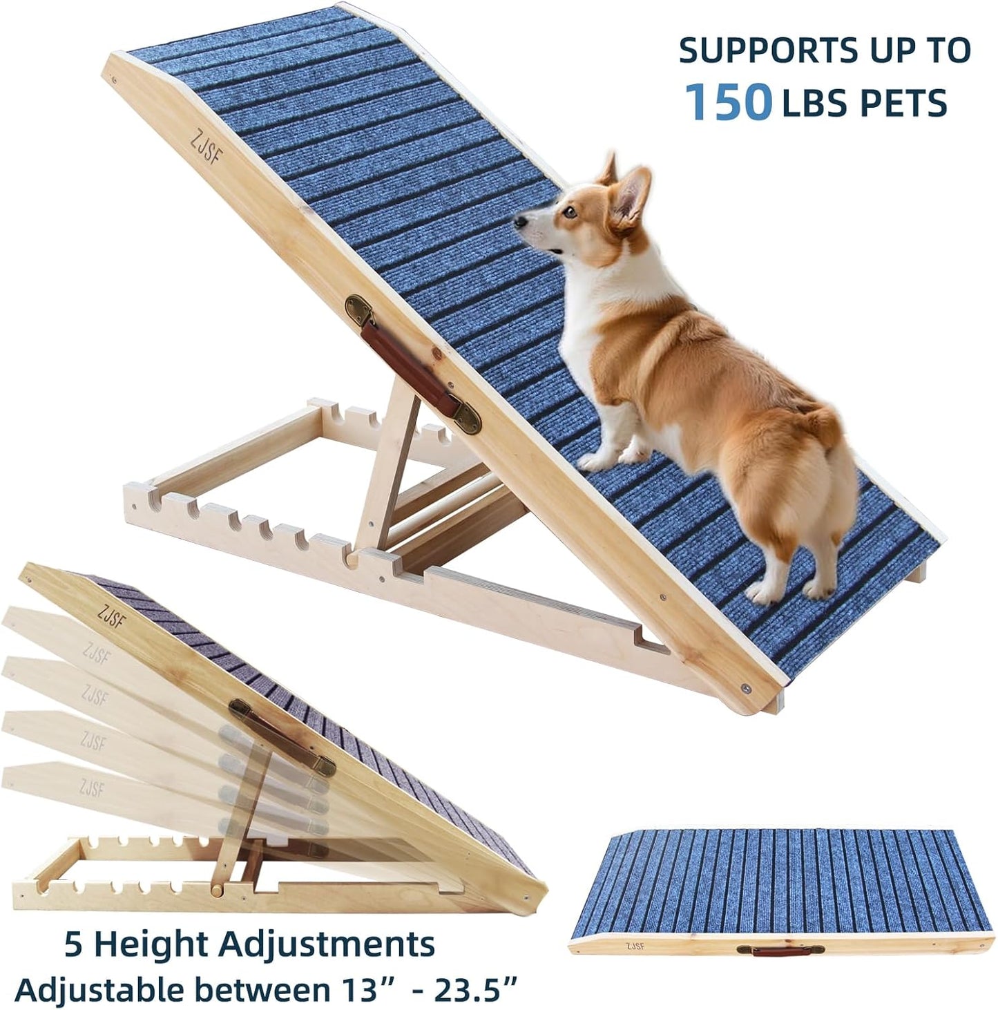 ZJSF Foldable Wooden Dog Ramp for High Bed, Dog Stairs for Small Dogs, High Traction Platform with 4 Adjustable Heights (14"-19.7"), 33", Supports up to 70 lbs