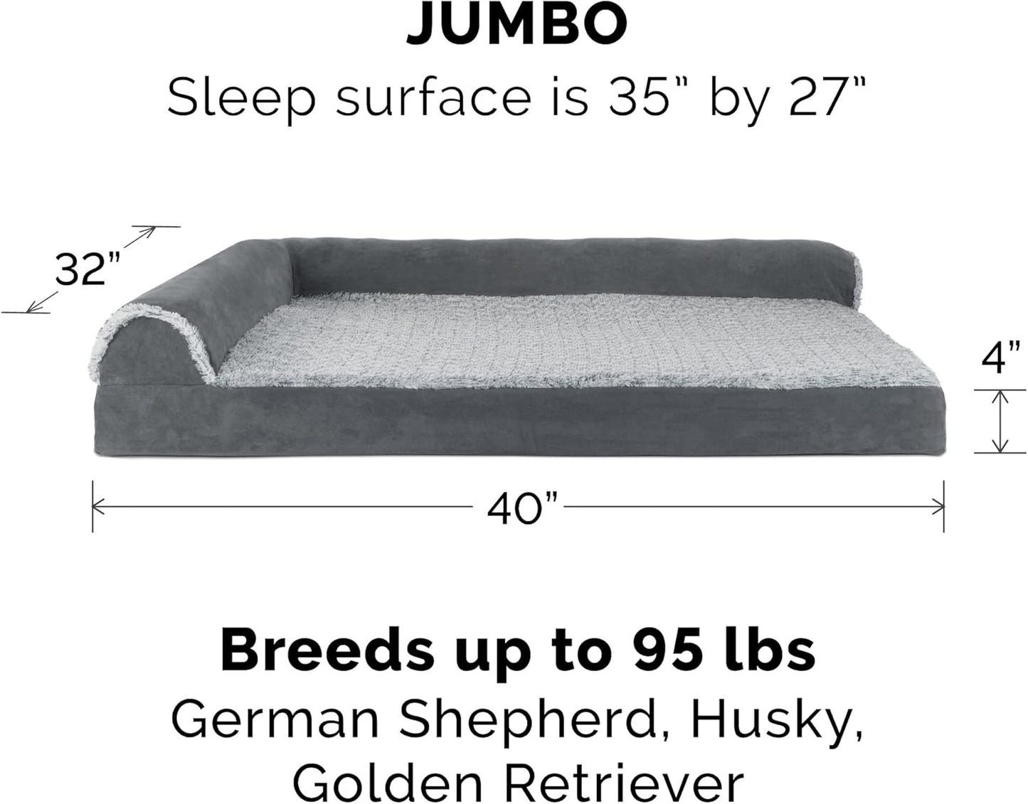 Furhaven Memory Foam Dog Bed for Large Dogs w/ Removable Bolsters & Washable Cover, For Dogs Up to 95 lbs - Two-Tone Plush Faux Fur & Suede L Shaped Chaise - Espresso, Jumbo/XL