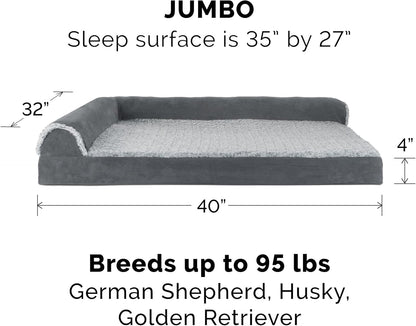 Furhaven Memory Foam Dog Bed for Large Dogs w/ Removable Bolsters & Washable Cover, For Dogs Up to 95 lbs - Two-Tone Plush Faux Fur & Suede L Shaped Chaise - Espresso, Jumbo/XL