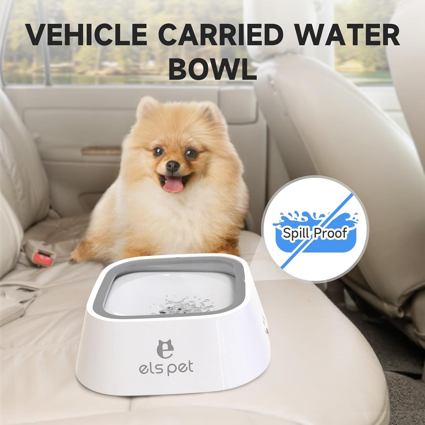 ELS PET Travel Bowl, No Spill, No Drip Slow Water Feeder/Dispenser for Dogs, Cats, 35oz/1L, Splash Proof Travel Bowl for Crate and Car, Keeps Floor & Beard Dry, Dishwasher Safe (Grey)