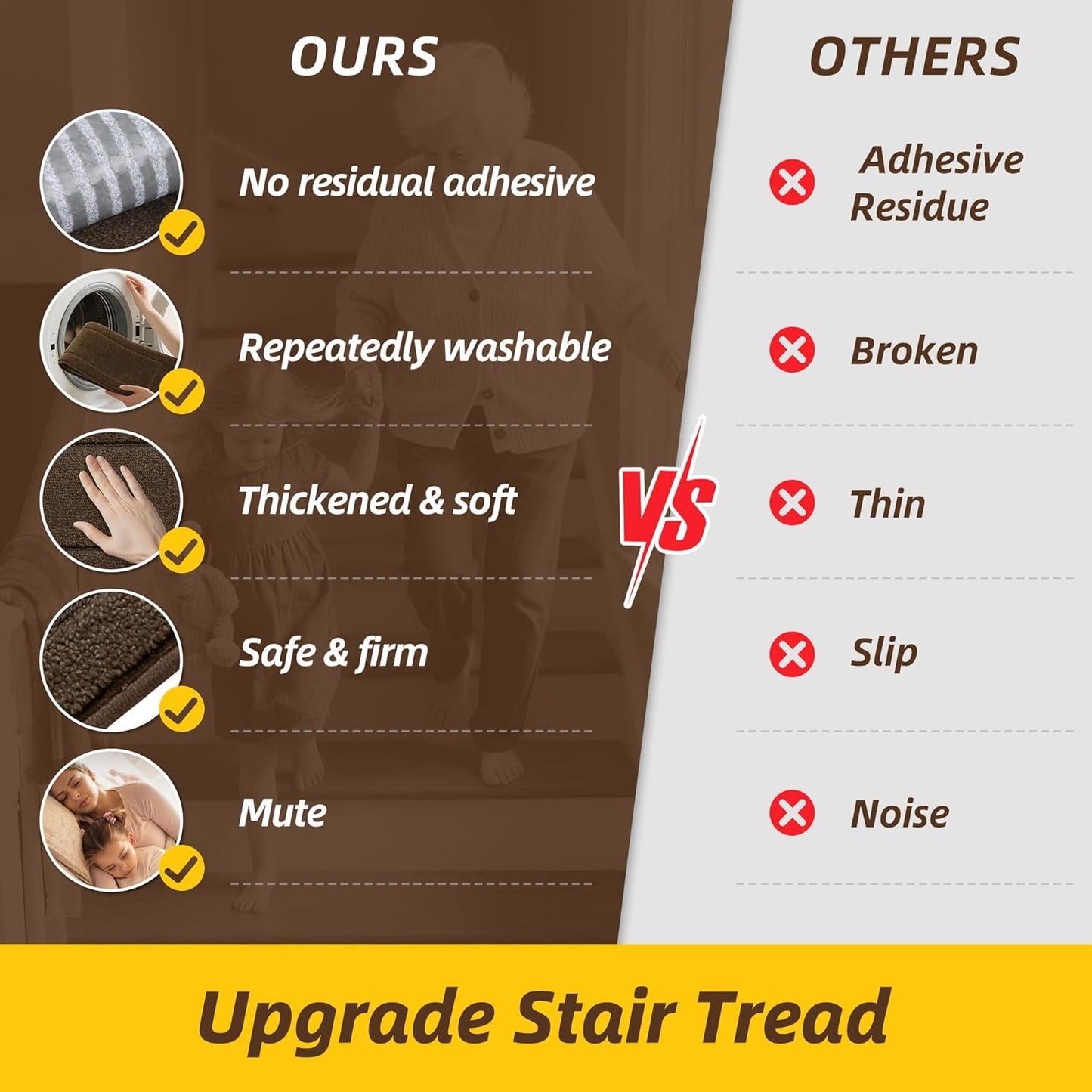 Non-Slip Stair Treads for Wooden Steps Indoor, 15 Pack 8" X 30" Edging Stair Rugs with TPE Backing, Carpet Stair Treads for Kids Elders & Pets, 100% Polyester Soft Stair Runners, Brown