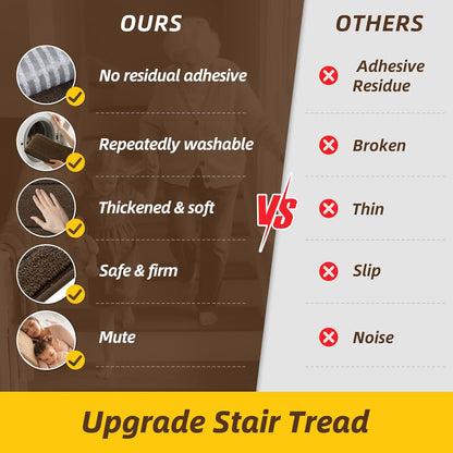 Non-Slip Stair Treads for Wooden Steps Indoor, 15 Pack 8" X 30" Edging Stair Rugs with TPE Backing, Carpet Stair Treads for Kids Elders & Pets, 100% Polyester Soft Stair Runners, Brown