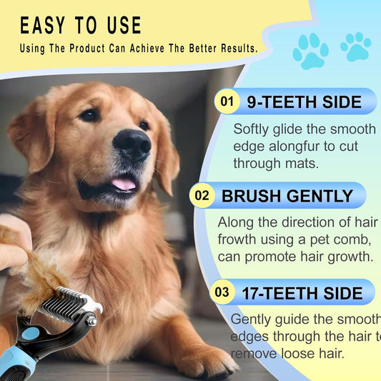 Pet Grooming Rake for Dogs & Cats - Double-Sided Deshedding and Dematting Tool, Gently Remove 95% of Loose Undercoat & Mats for Long-Haired Pets, Painless Fur Brush for Shedding Control (Blue, M)