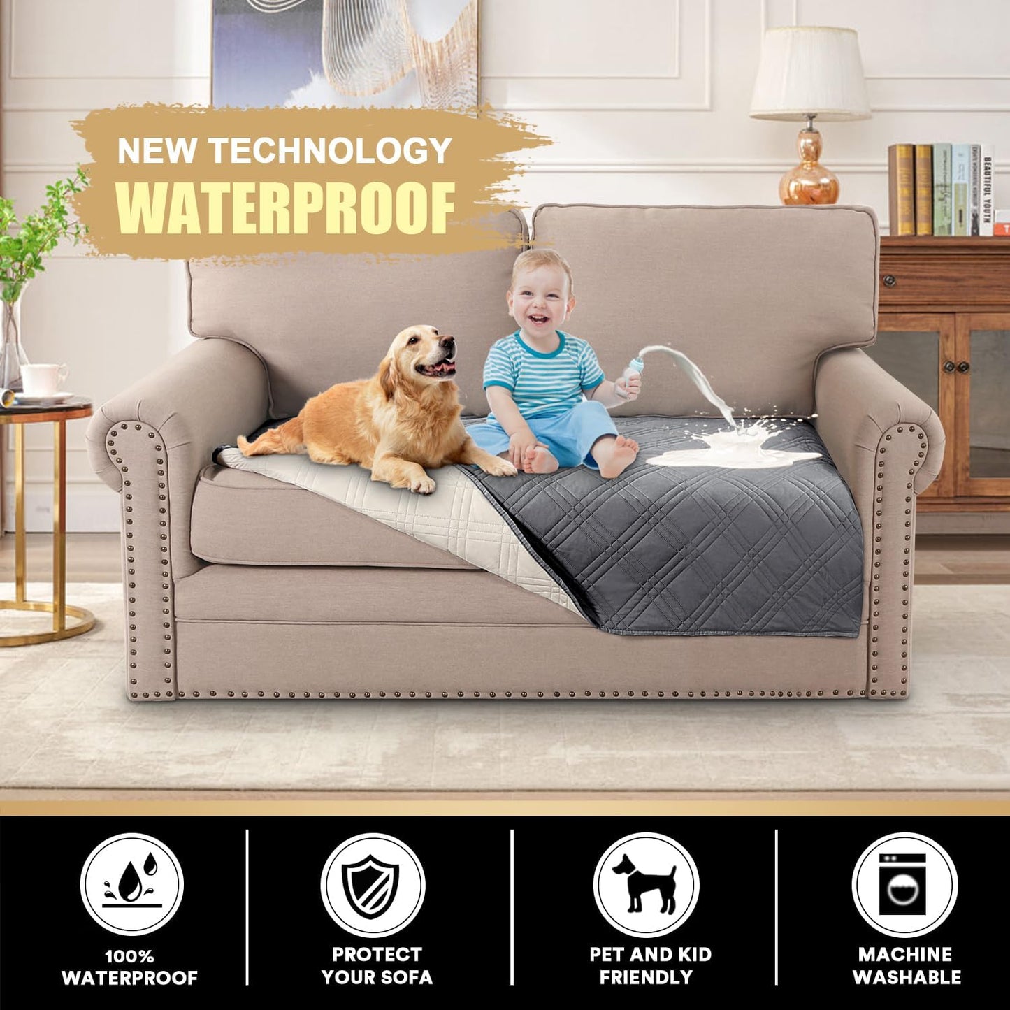 PrinceDeco 100% Waterproof Couch Cover for 3 Cushion Couch Sofa Pet Friendly Non-Slip Couch Cover for Dogs Washable Water Resistant Furniture Protector with Elastic Straps(Sofa 68", French Oak)