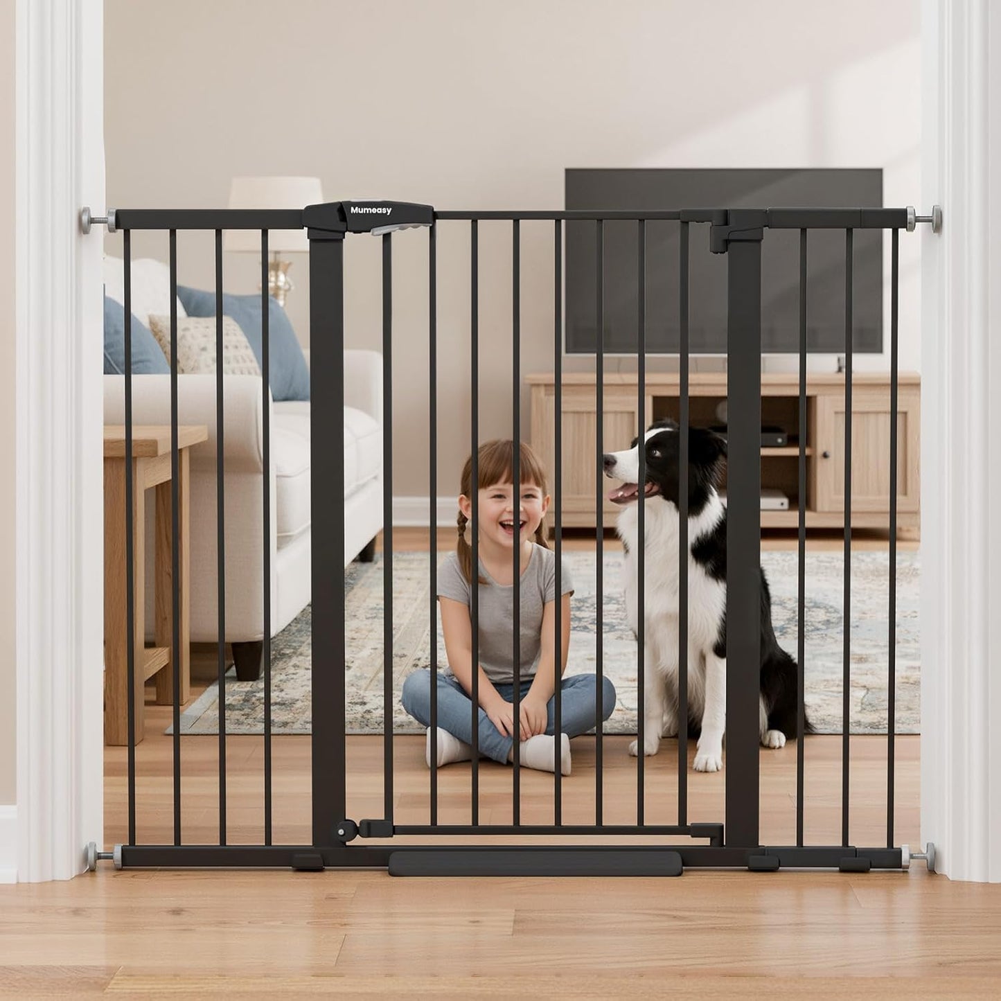 Mumeasy Baby Gate Extra Wide, 29.7-51'' Pressure Mounted Dog Gate with Walk Thru Door, Auto Close Pet Gate for House, Stairs, Doorways,Black