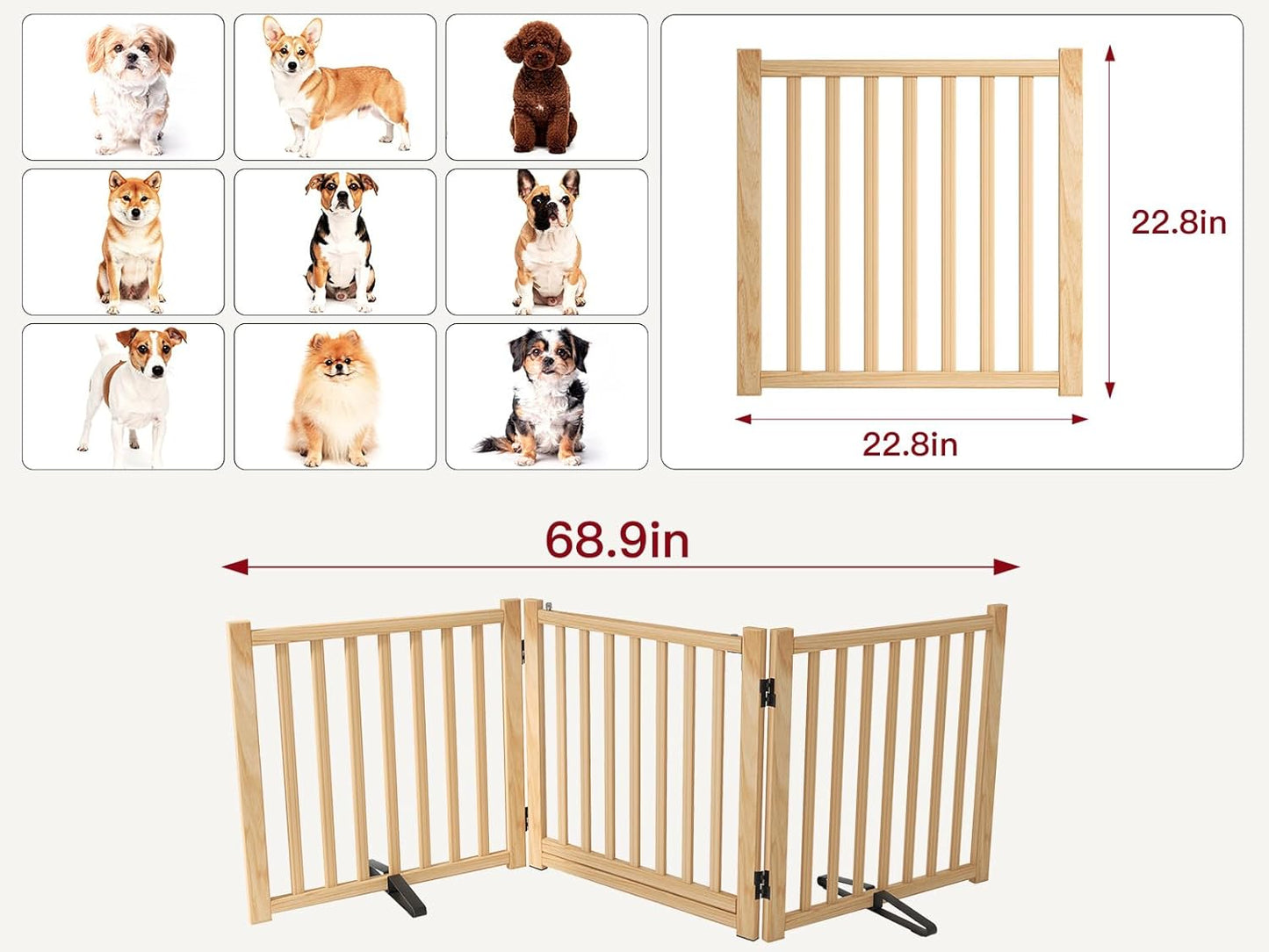 Wooden Dog Gate Indoor, 23" H Freestanding Dog Gates with Door, No-Painted Foldable Puppy Fence, Doggy Barrier for Doorway, Stairs- 4 Panels