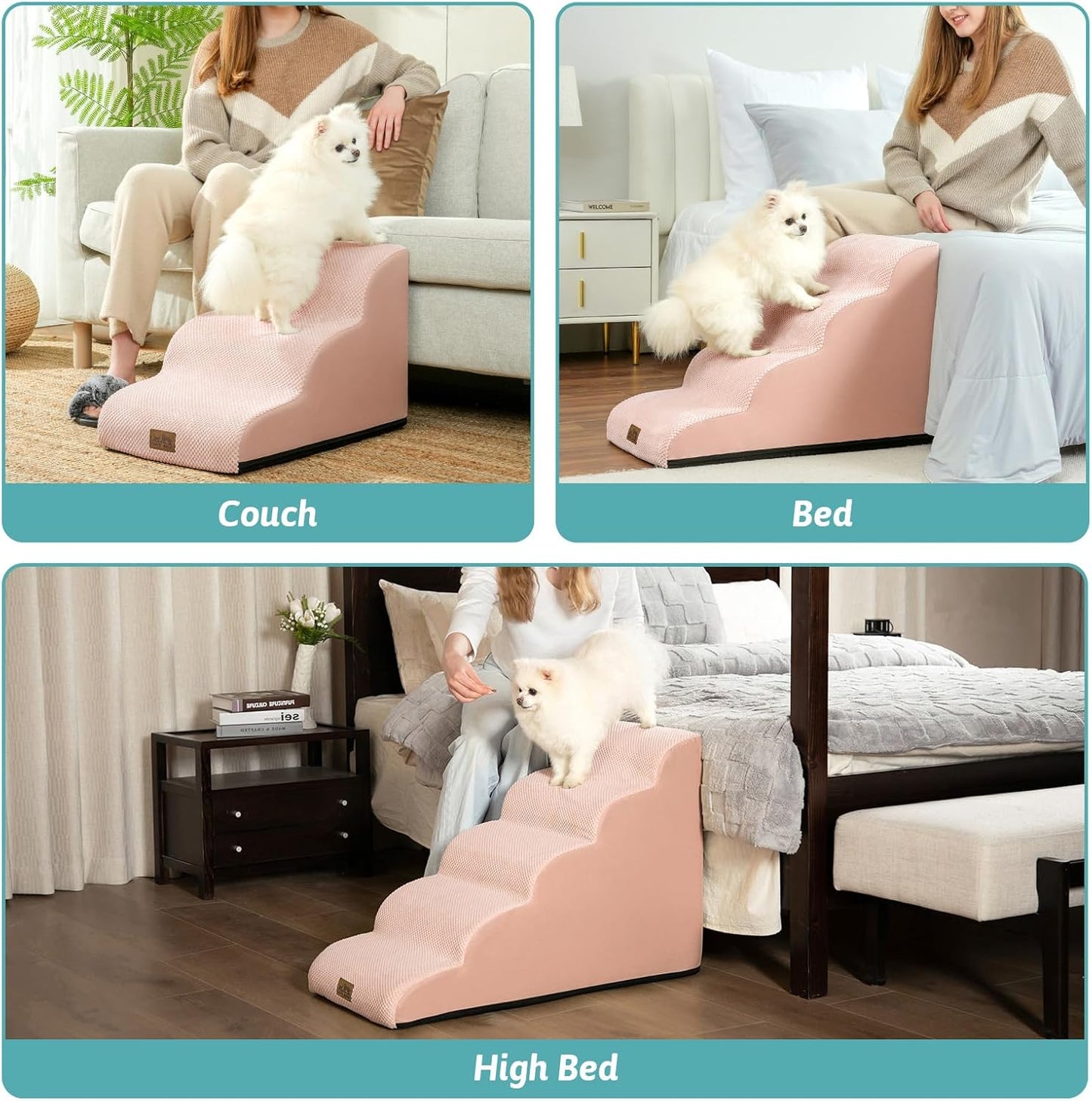 COZY KISS Dog Stairs for Small Dogs 15.7" H, Curved Dog Step for Puppy, Older Cat, Medium Pet Ramp for Sofa, Couch or Chair, Ladder with High Density Foam, 3 Step, 15.7x22.4x15.7 inch, Beige