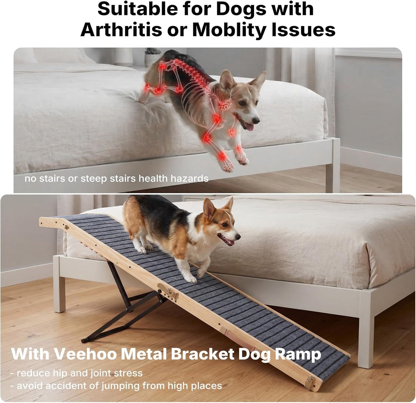 Veehoo Folding Dog Ramp for Bed Couch, 65" Long Stairs for Dogs to Get on High Bed with Platform and 5 Adjustable Height 20" to 31“, Wooden Senior Dog Ramp Steps for Small to Large Dogs, up to 220lbs
