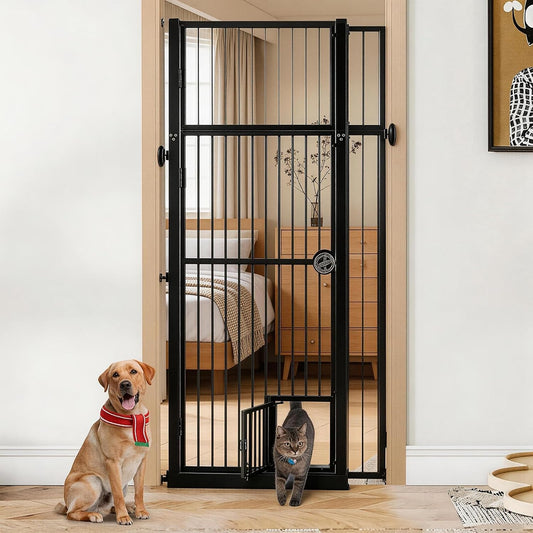 71" Extra Tall Pet Gate with Cat Door, Walk Through Pet Gate Pressure Mounted No Drilling, 28.7"-37.5" Wide, Auto Close Metal Safety Barrier for Stairs Hallway House, White