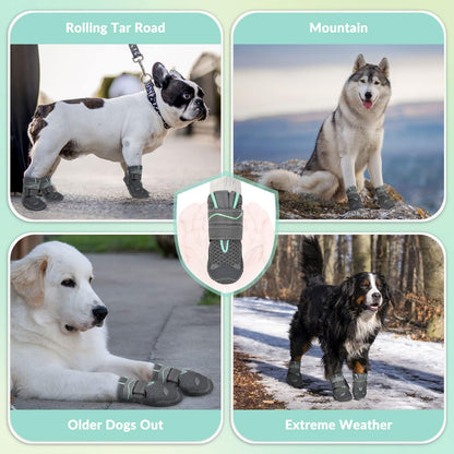 SlowTon Dog Shoes for Large Small Medium Dogs - Breathable Dog Boots for Summer Hot Pavement, Paw Protector for Outdoor Walking Winter Snow, Anti-Slip Rubber Dog Booties for Hardwood Floor (Green, 6)