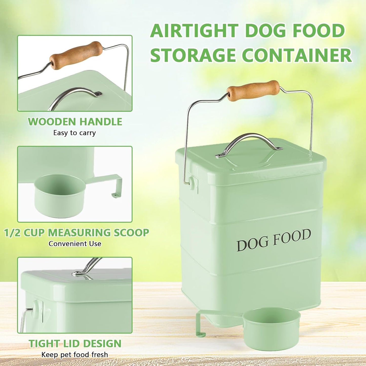 Dog Food storage container Dog Treats Jar,5~6 lb Metal food treats tin for Dog, pet snacks Canisters with wooden lid/handle/sevice scoop-Green