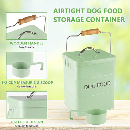 Dog Food storage container Dog Treats Jar,5~6 lb Metal food treats tin for Dog, pet snacks Canisters with wooden lid/handle/sevice scoop-Green