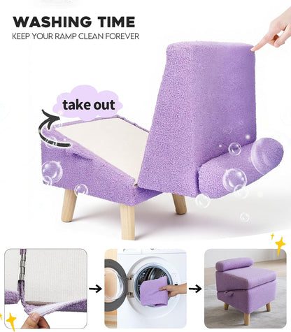 16.5'' Dog Ramp for Small Dogs & Cats, 2-in-1 Foldable Dog Stairs & Ottoman for Couch, Low Bed, Sturdy Wooden Frame, Joint-Friendly Gentle Incline, Non-Slip Surface, Light Purple