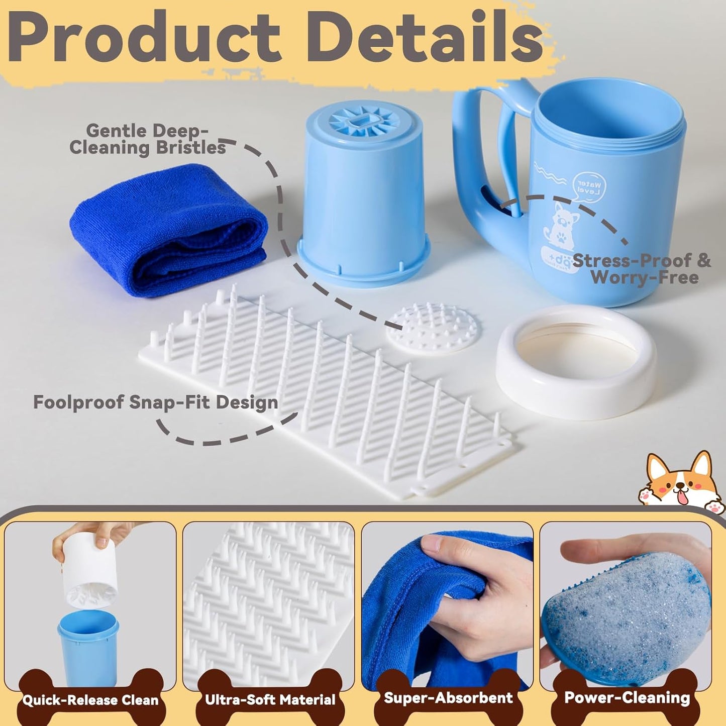 Medium Pet Paw Cleaner Cup - Easy Press Design Dog Foot Washer with Soft Massage Brush & Absorbent Towel - Reusable Durable Paw Cleaning Cup for Dogs Cats, Easy to Clean Handheld Bath Tool