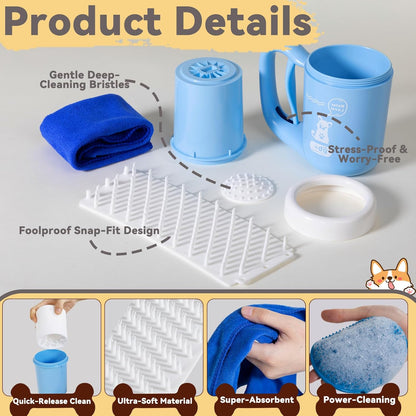 Medium Pet Paw Cleaner Cup - Easy Press Design Dog Foot Washer with Soft Massage Brush & Absorbent Towel - Reusable Durable Paw Cleaning Cup for Dogs Cats, Easy to Clean Handheld Bath Tool