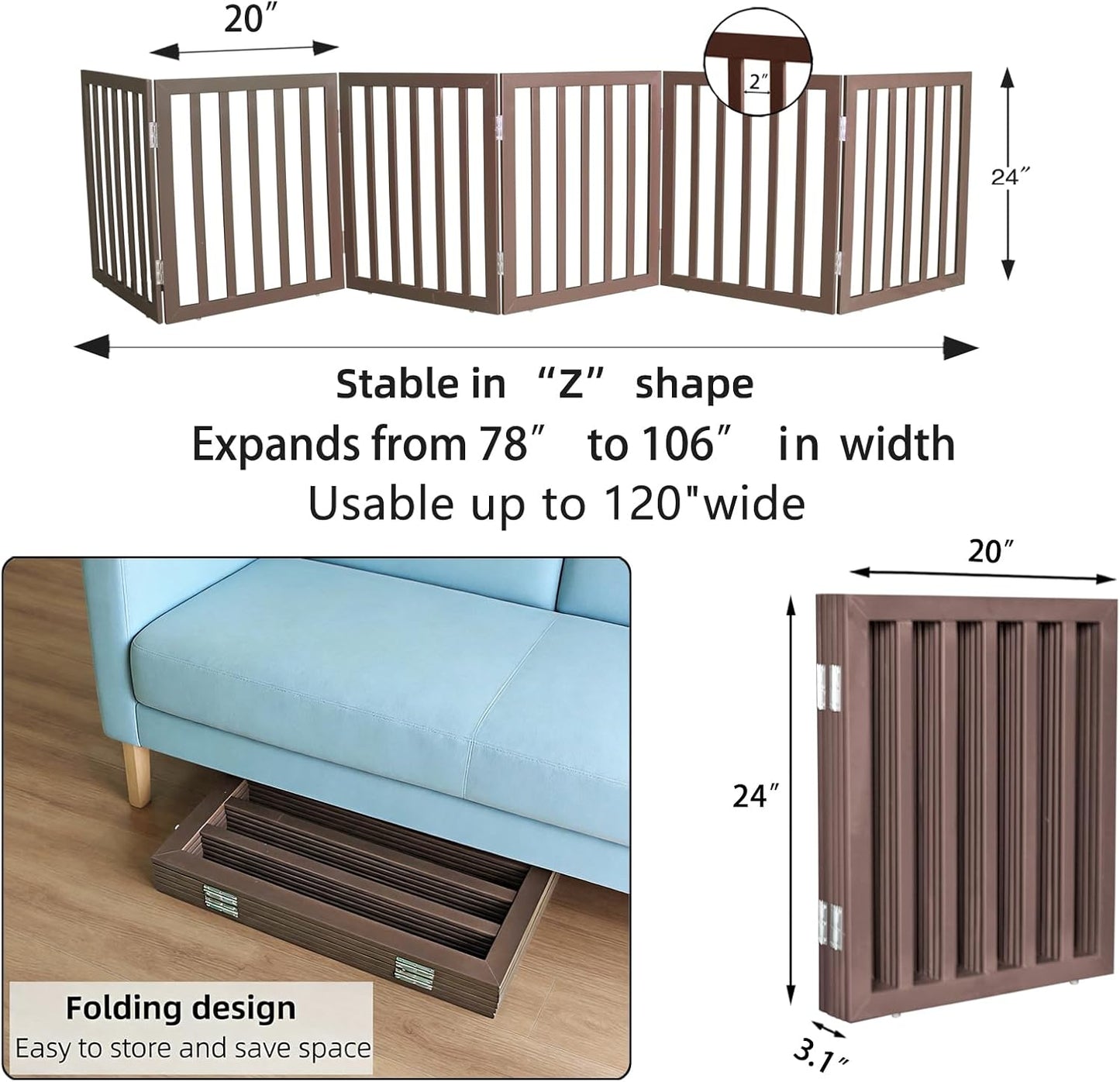 Dog Gate Indoor, Freestanding Dog Fence for The House, Doorways, Hallways,or Stairs,Pet Gate Foldable Wooden,Expandable 24" Height 3 Panels,White