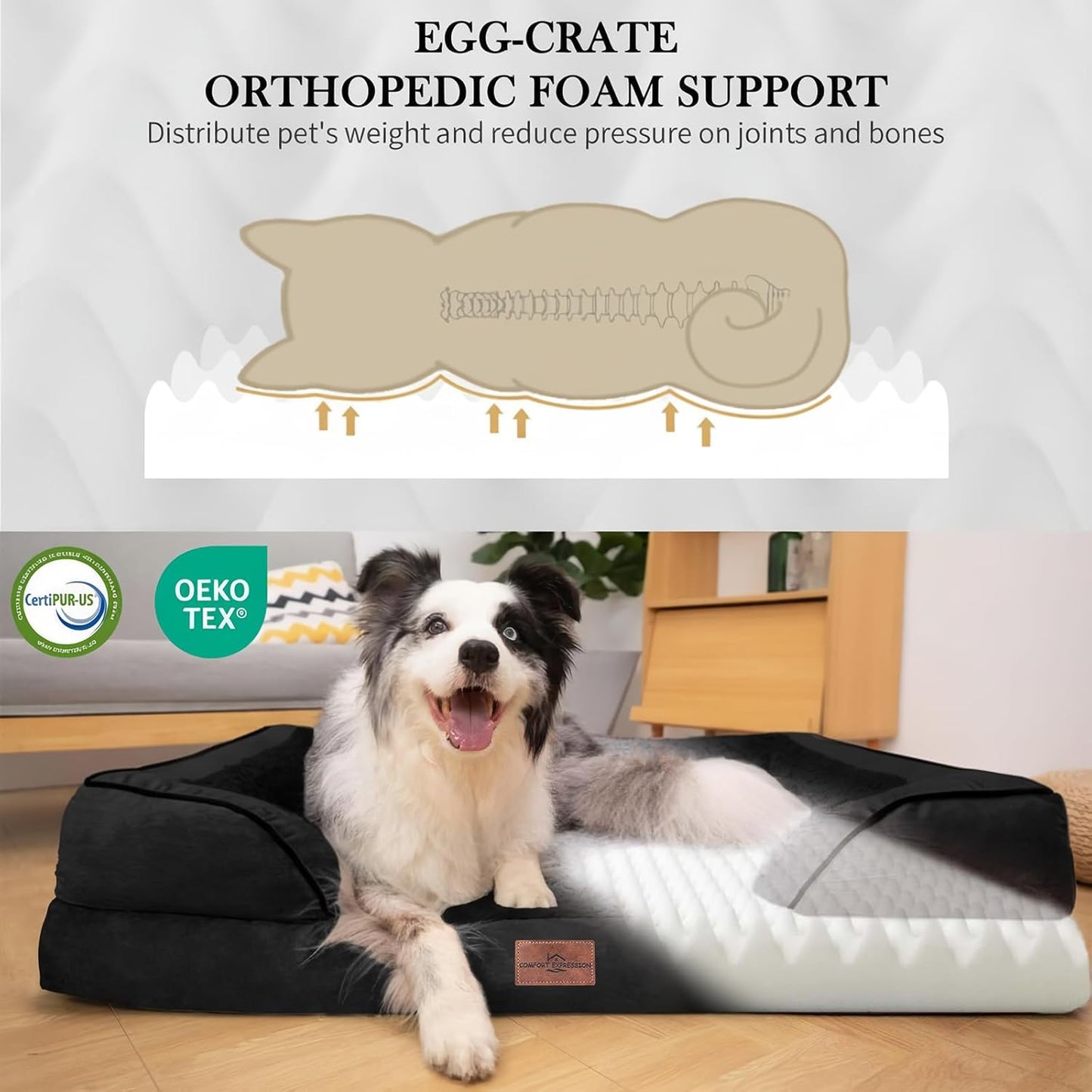 Comfort Expression Orthopedic Dog Bed for Extra Large Dogs 42x30 Inch, Waterproof Egg Crate Foam XL Pet Bed with Removable Bolsters, Dog Couch with Washable Cover & Non-Slip Bottom, Grey - Colors B