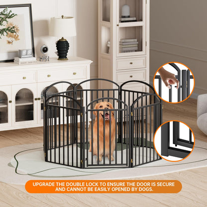 SNUOWU 4 Panels Full Matel Freestanding Dog Gates with Door, 96"Extra Wide 32"Tall Free Standing Dog Pet Gate for Indoor & Outdoor. Foldable Pet Fences for Doorways, House, Stairs, Porch, Deck, Yard