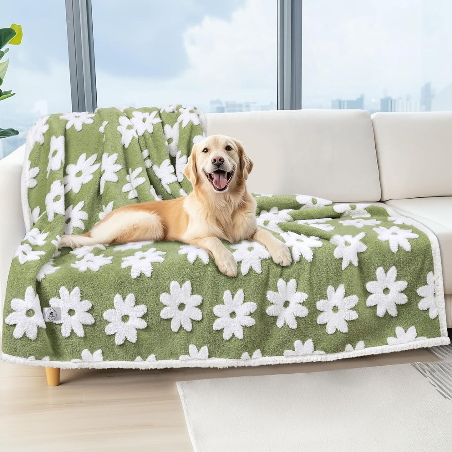 Luciphia Waterproof Pet Blanket for Medium Large Dogs Washable Fluffy Thick Jacquard Shag Fleece Warm Sherpa 3D Textured Flower Print for Cats Puppy Couch Protection (Green,40x28 inches)