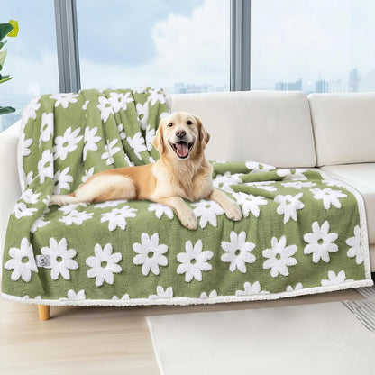 Luciphia Waterproof Pet Blanket for Medium Large Dogs Washable Fluffy Thick Jacquard Shag Fleece Warm Sherpa 3D Textured Flower Print for Cats Puppy Couch Protection (Green,40x28 inches)