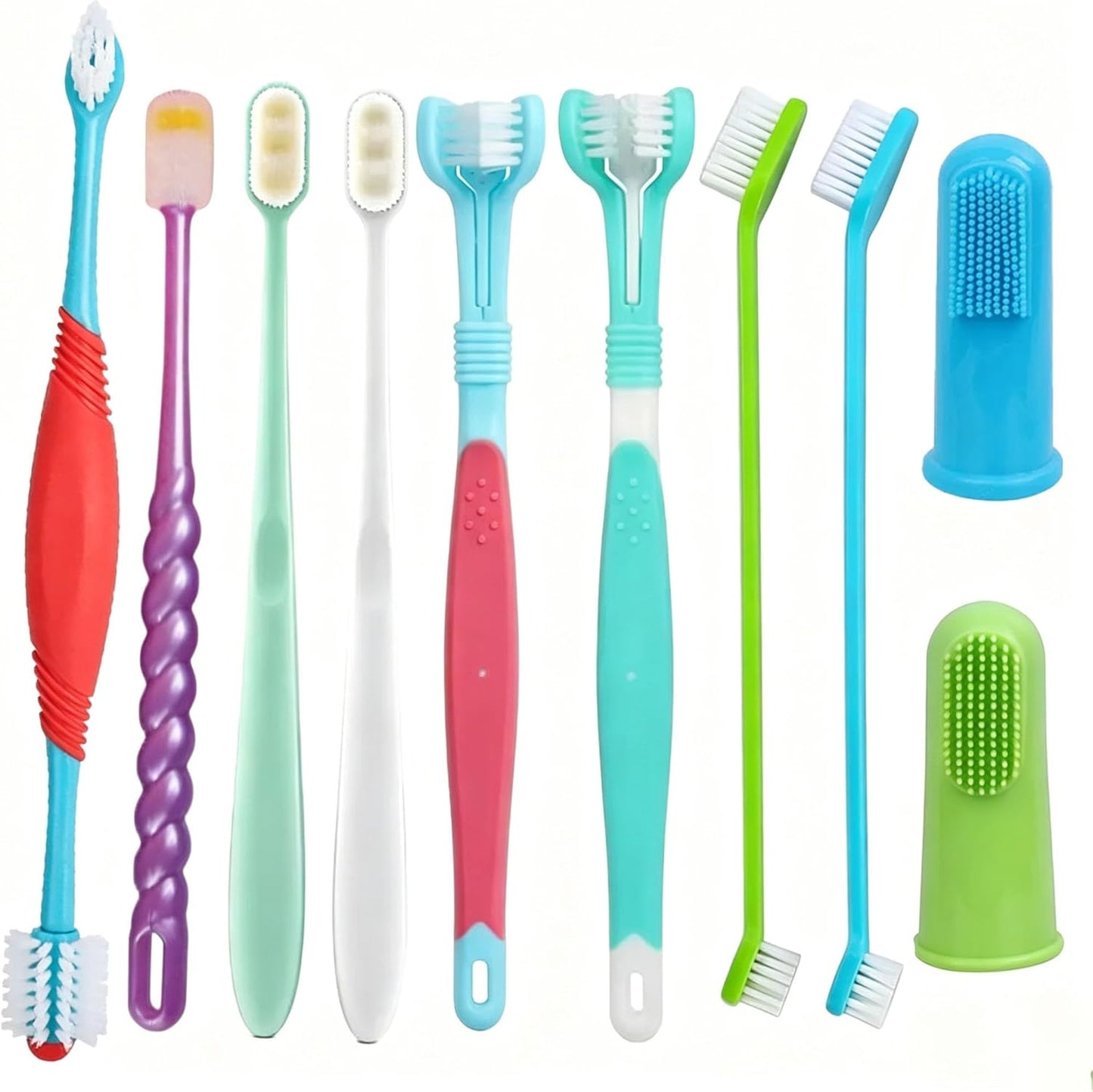 10 Pieces Pet Toothbrush Set for Medium Large Dogs, Extra Long Double-Ended Dog Toothbrush with 360° Brush, Soft Bristle Dental Care Kit with Finger Brushes, Pet Teeth Cleaning Supplies (Multicolor)