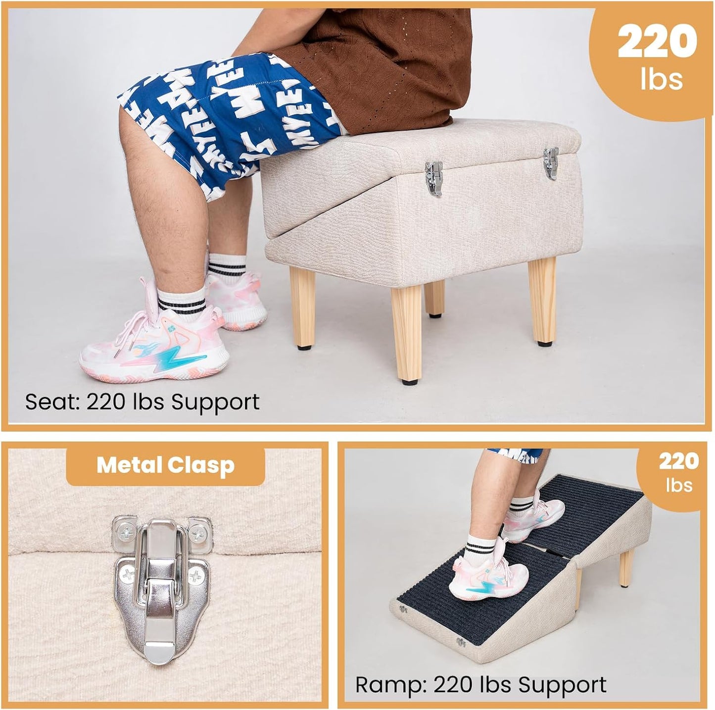 3-in-1 Dog Ramp 18.9"×17.7"×18.9" with Storage – Pet Stairs for Senior & Injured Dogs & Cats, Hidden Storage Footstool, Ottoman Anti-Slip, Supports 220 lbs for Beds & Sofas (Blue-pro)