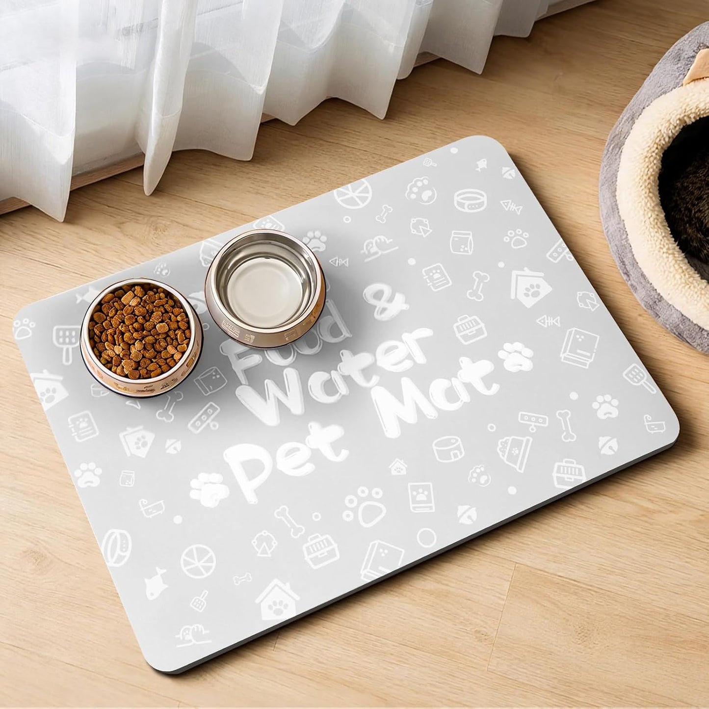 Pet Feeding Mat,Dog Cat Mat for Food and Water,Dog Bowl Waterproof Placemat with Rubber Backing,Absorbent Quick Dry Water Dispenser Mat for Pet（Dark Gray 12"×18"）