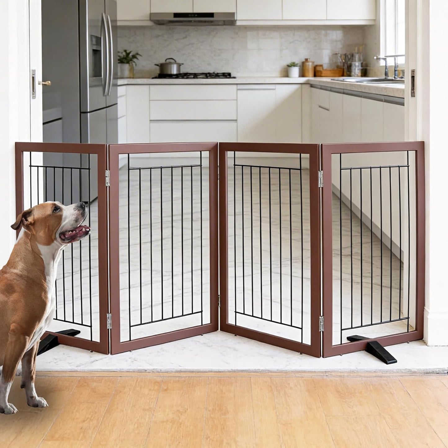 ZJSF Freestanding Dog Gate Indoor, Foldable Dog Fence for Doorways,Hallways or Stairs, Sturdy Wood Extra Wide Pet Gate with Support Feet,Black,24 "Height-3 Panels