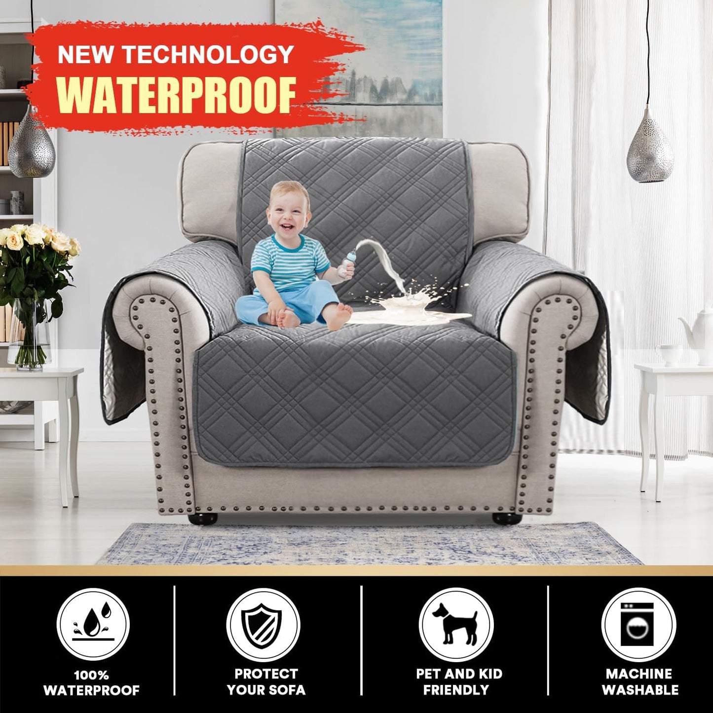 PrinceDeco 100% Waterproof Couch Cover for 3 Cushion Couch Sofa Pet Friendly Non-Slip Couch Cover for Dogs Washable Water Resistant Furniture Protector with Elastic Straps(Sofa 68", French Oak)
