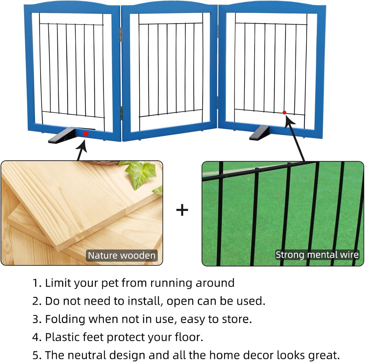 ZJSF Freestanding Dog Fence Indoor, Foldable Dog Gate for Doorways, Stairs or Hallways, Sturdy Wood Extra Wide Pet Gate with Support Feet for The House, White, 24 "Height-3 Panels